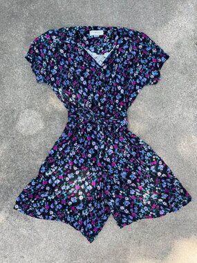 Vintage Maggie Lawrence Romper Floral Black Size 18 20 Belted Waist Cottagecore